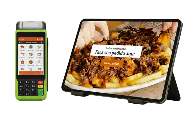 Tablet de autoatendimento na mesa com máquina de cartão integrada