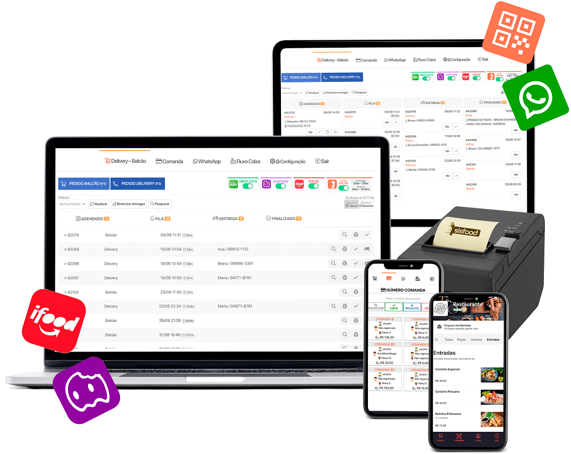 Mockup do sistema SisFood de autoatendimento em totem e tablet