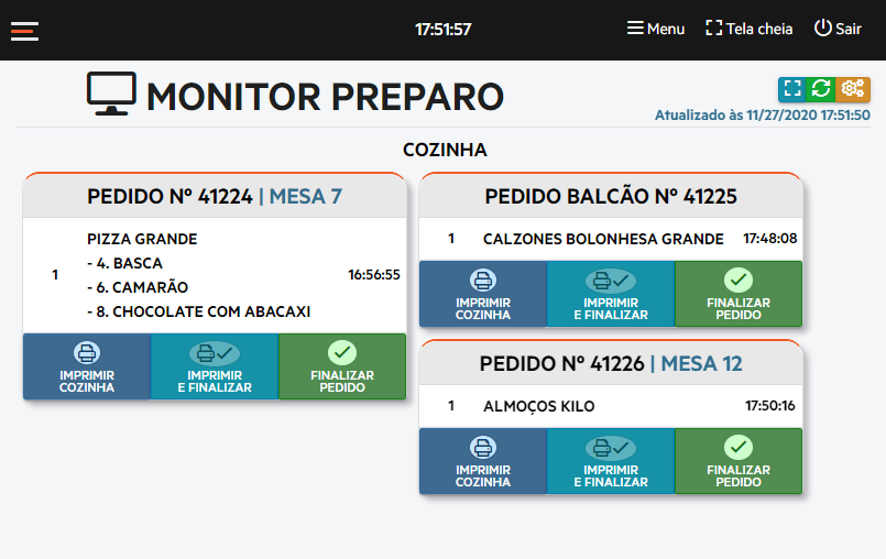 Monitor de cozinha (KDS) integrado ao gestor de pedidos SisFood